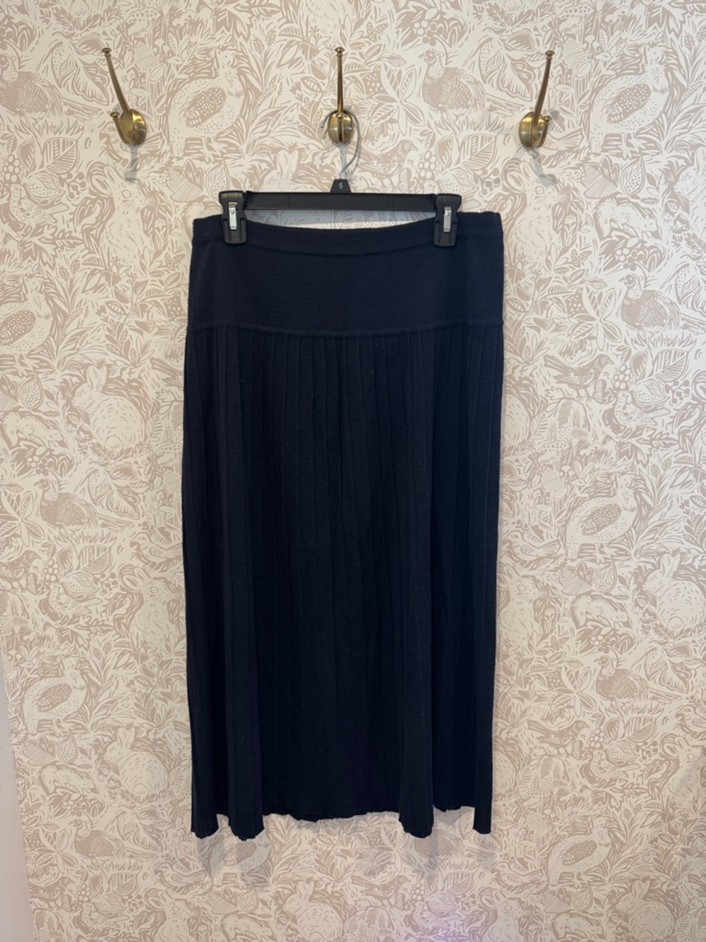 Navy Blue Knit Pleated Midi Skirt - Women